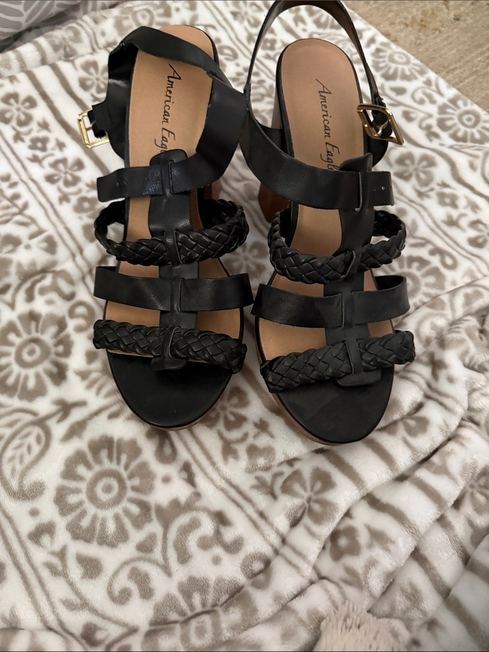 American Eagle Outfitters Black Braided Strap Heeled Sandals